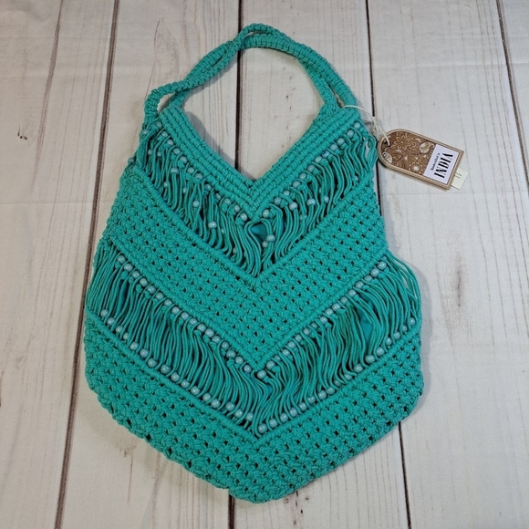 VIRAL Made In India Teal Green Macrame Beaded Purse Beach Bag Tik Tok - Picture 1 of 8